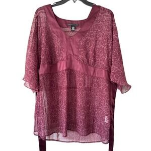 Apostrophe Womens XL Burgundy Damask Sheer Metallic Tunic Top Empire Waist‎ Tie